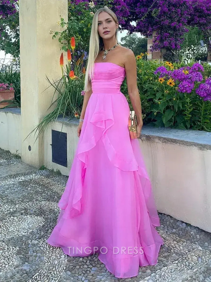 Elegant A Line Strapless Sleeveless Organza Floor-Length Prom Dress