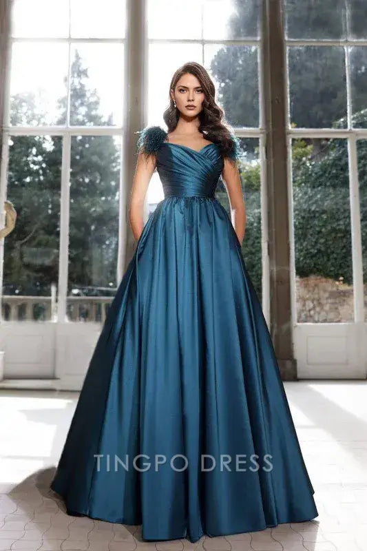 Elegant A Line Sweetheart Neck Feather Accent Ruched Satin Ball Gown Maxi Dress with Pockets Prom Dress