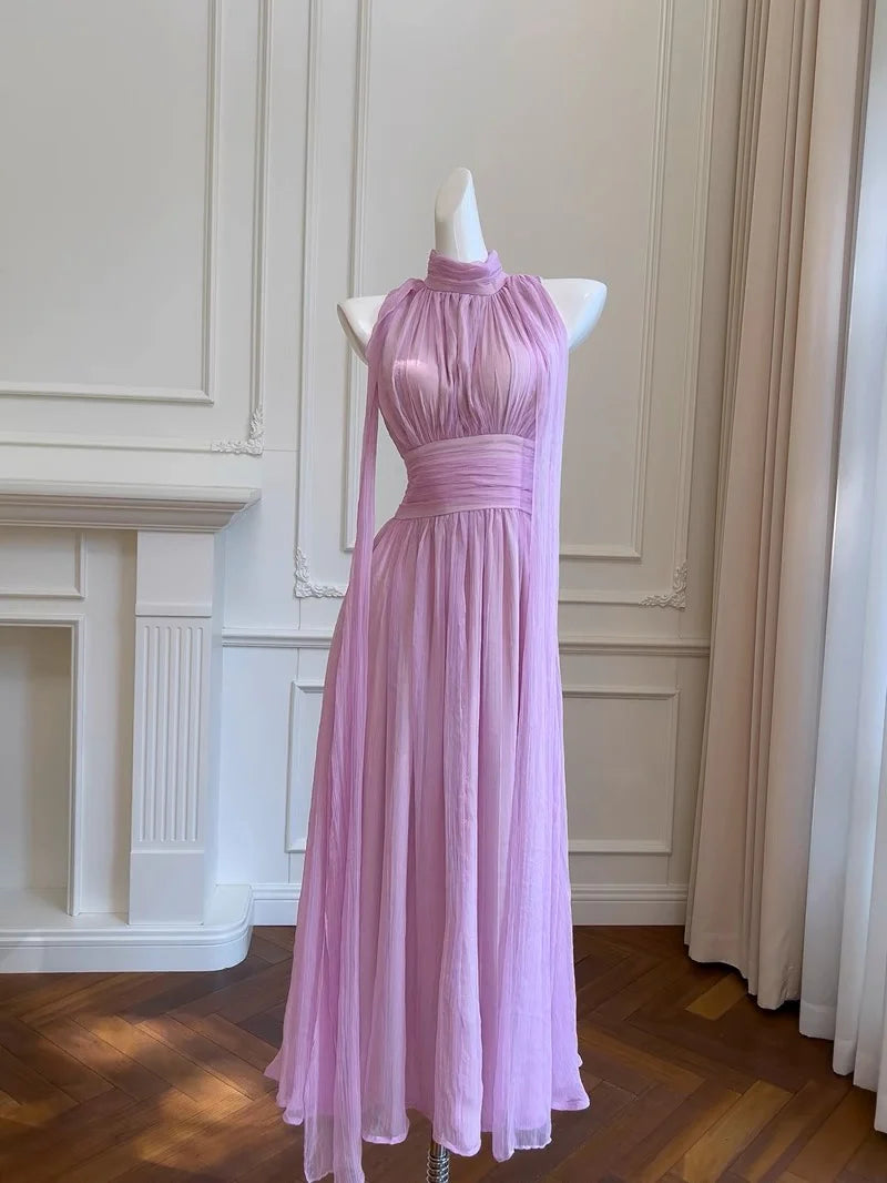 TingPo Wholesale Elegant A line High Neckline Chiffon Lilac Prom Dresses Evening Dress With Ribbons