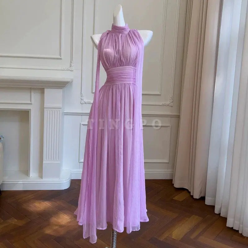 TingPo Wholesale Elegant A line High Neckline Chiffon Lilac Prom Dresses Evening Dress With Ribbons formal wear dresses