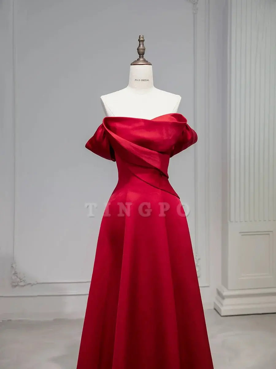 TingPo Wholesale Elegant A line Off The Shoulder Red Satin Party Dress Prom Dresses Evening Dress