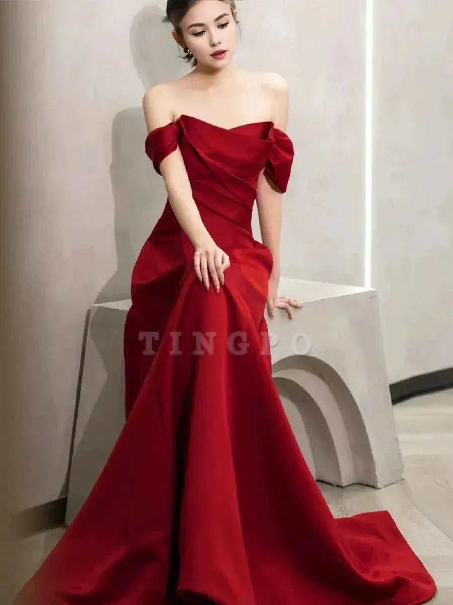 TingPo Wholesale Elegant A line Off The Shoulder Red Satin Party Dress Prom Dresses Evening Dress