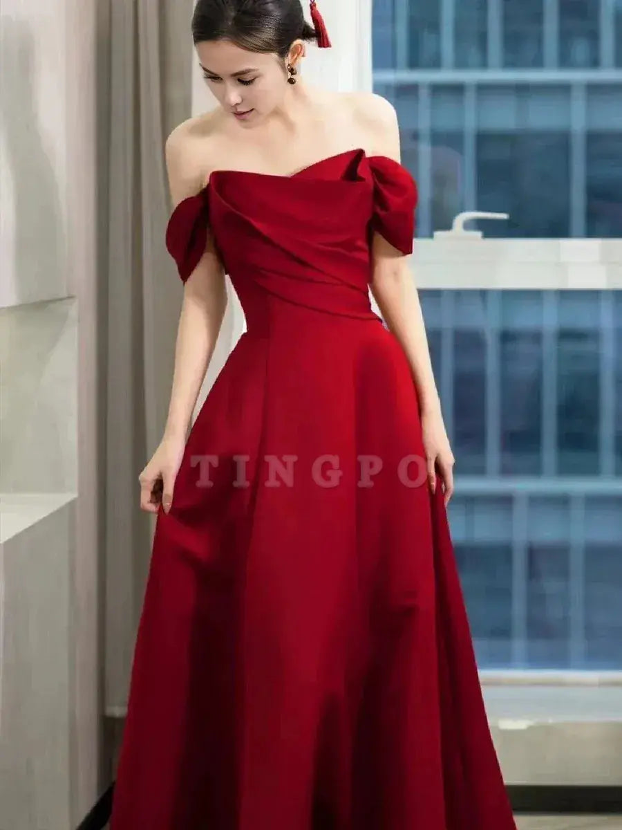 TingPo Wholesale Elegant A line Off The Shoulder Red Satin Party Dress Prom Dresses Evening Dress