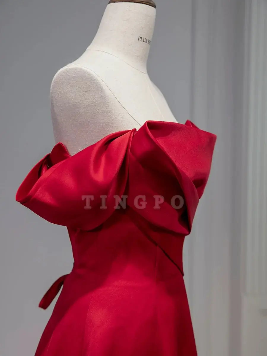 TingPo Wholesale Elegant A line Off The Shoulder Red Satin Party Dress Prom Dresses Evening Dress