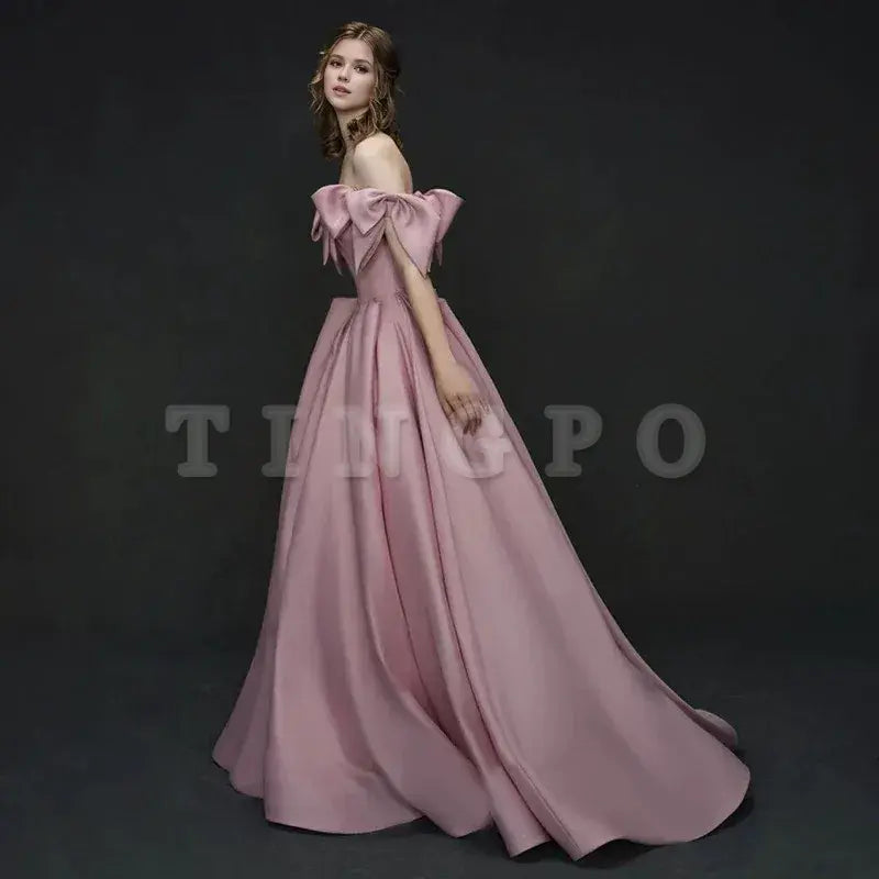 Wholesale Elegant A line Off The Shoulder Satin Pink Evening Dress Long Prom Dresses formal wear dresses