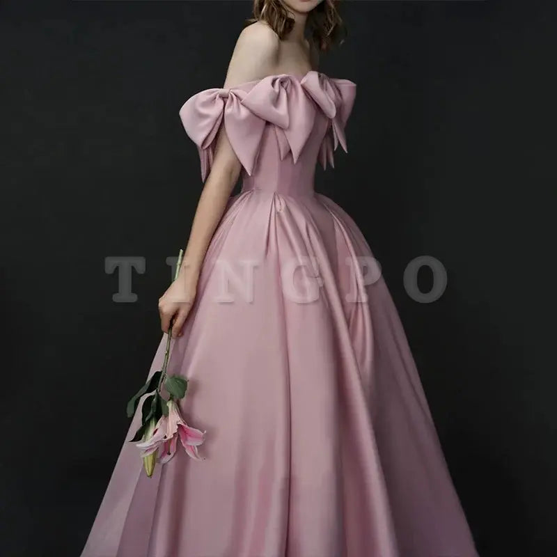 Wholesale Elegant A line Off The Shoulder Satin Pink Evening Dress Long Prom Dresses formal wear dresses