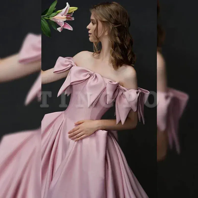 Wholesale Elegant A line Off The Shoulder Satin Pink Evening Dress Long Prom Dresses formal wear dresses