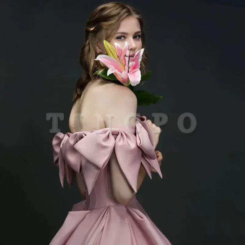 Wholesale Elegant A line Off The Shoulder Satin Pink Evening Dress Long Prom Dresses formal wear dresses