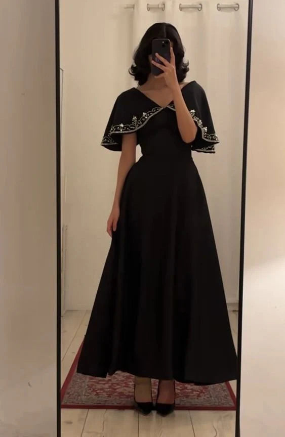 TingPo Wholesale Elegant A line Short Sleeves Black V Neckline Satin Party Dress Prom Dresses Evening Dress