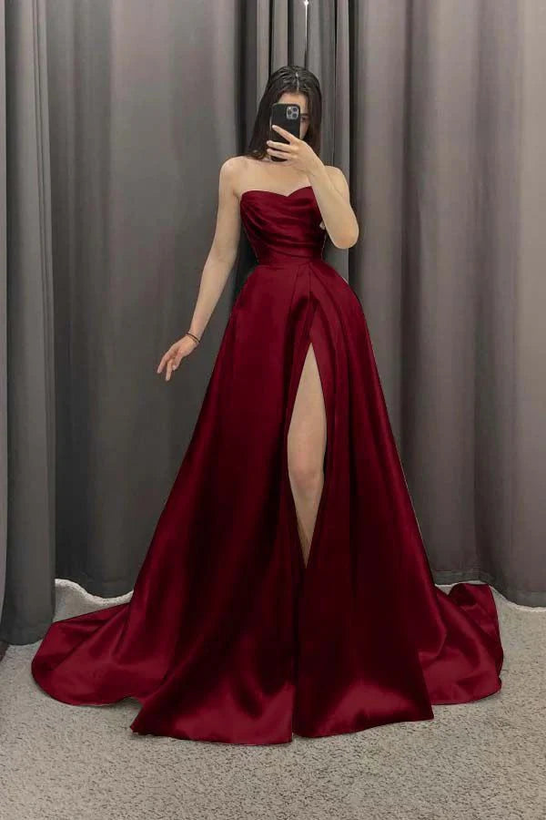TingPo Wholesale Elegant A line Sweetheart Burgundy Slit Satin Prom Dresses Long Evening Dress formal wear dresses