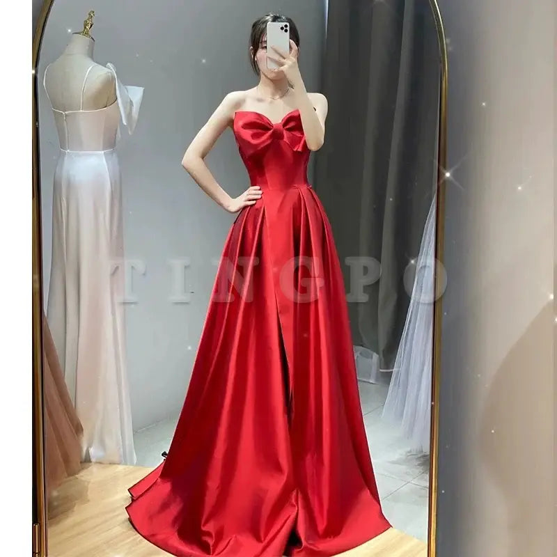 Wholesale Elegant A line Sweetheart Red Satin Long Prom Dress Evening Dresses formal wear dresses