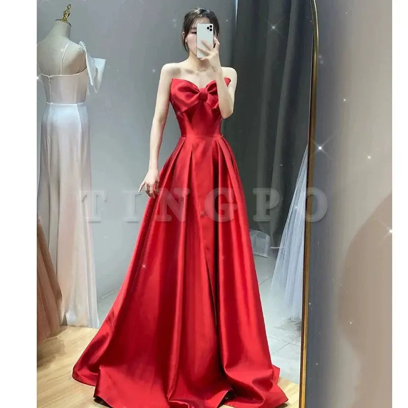 Wholesale Elegant A line Sweetheart Red Satin Long Prom Dress Evening Dresses formal wear dresses