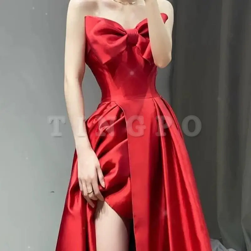 Wholesale Elegant A line Sweetheart Red Satin Long Prom Dress Evening Dresses formal wear dresses