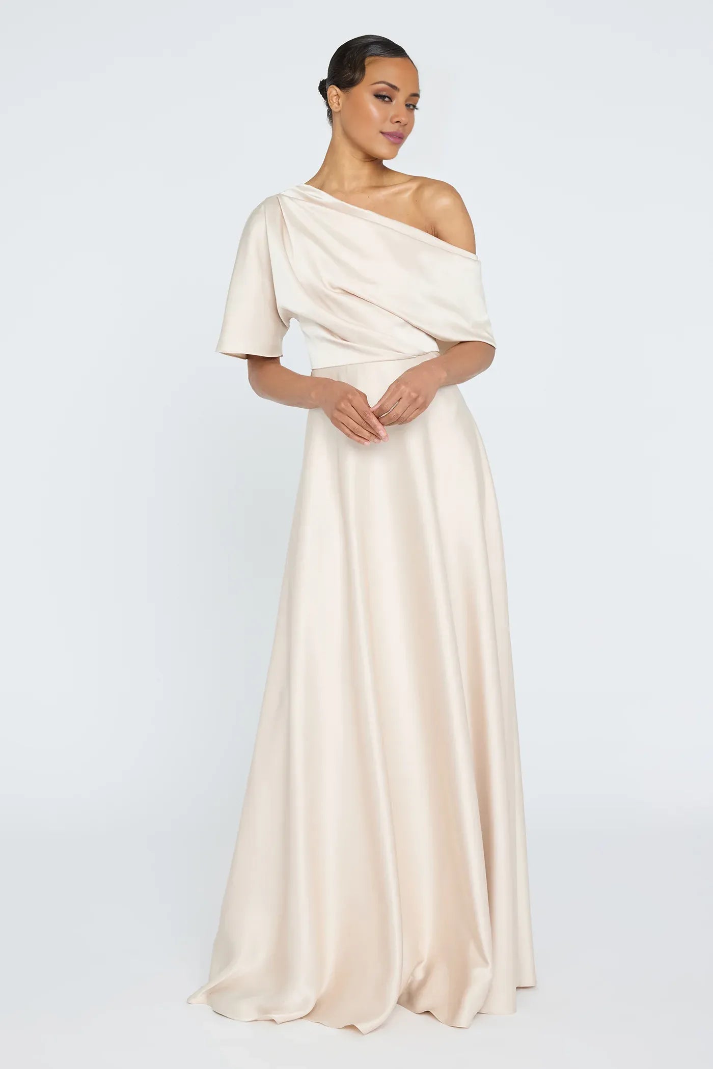 Elegant Asymmetrical One-Shoulder Draped Satin Ball Gown Maxi Dress Prom Dress