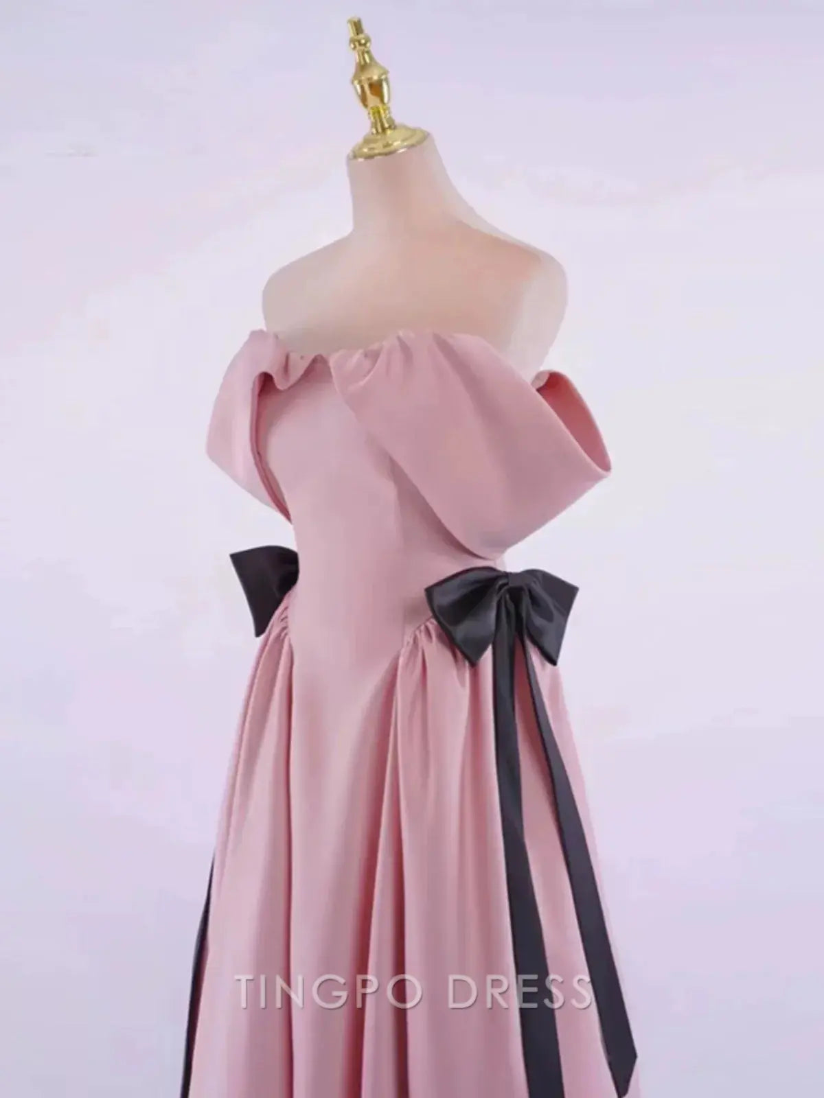 TingPo Wholesale Elegant Ball Gown Off The Shoulder Pink Satin Long Prom Dress Evening Dresses