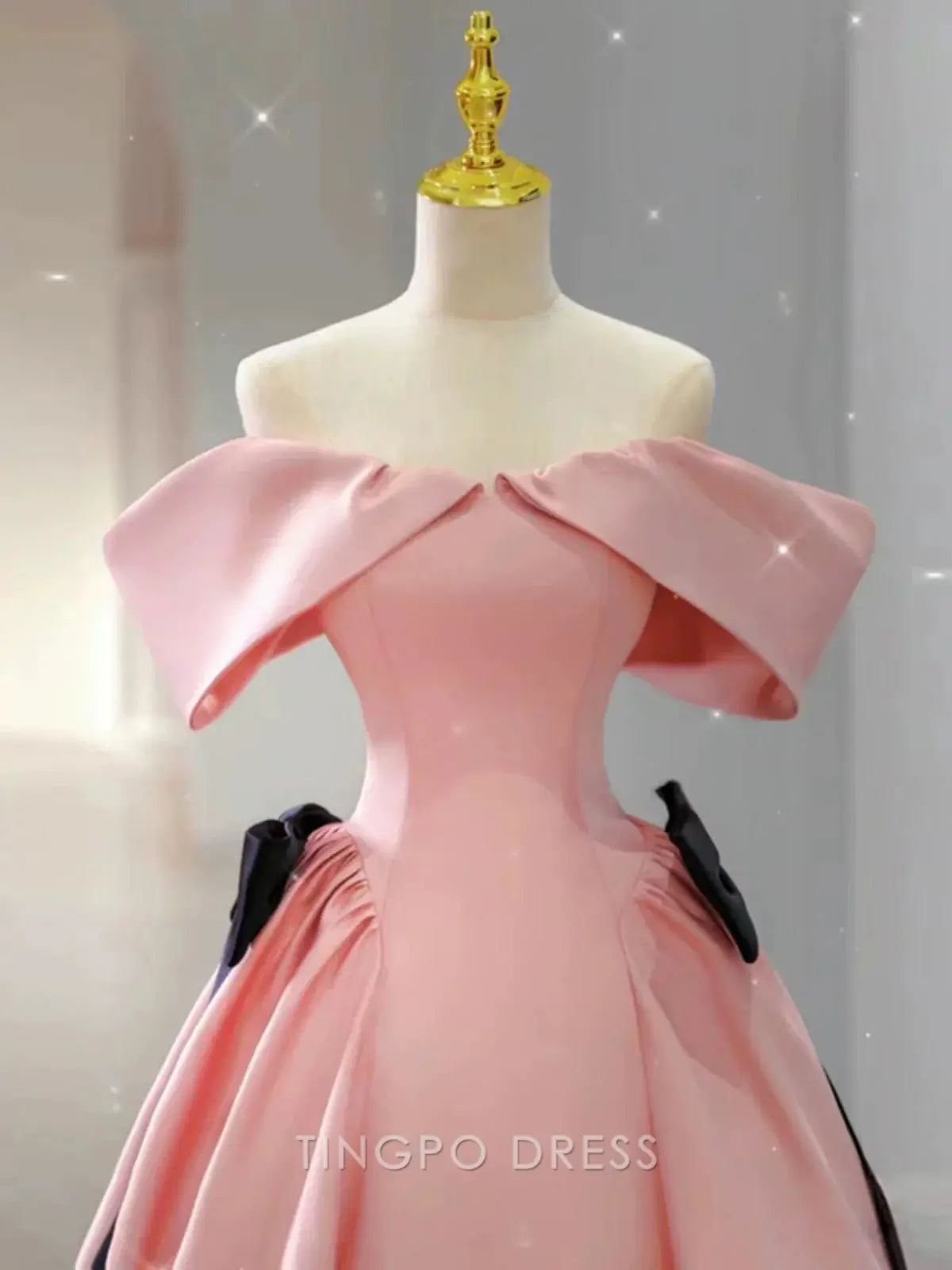 TingPo Wholesale Elegant Ball Gown Off The Shoulder Pink Satin Long Prom Dress Evening Dresses