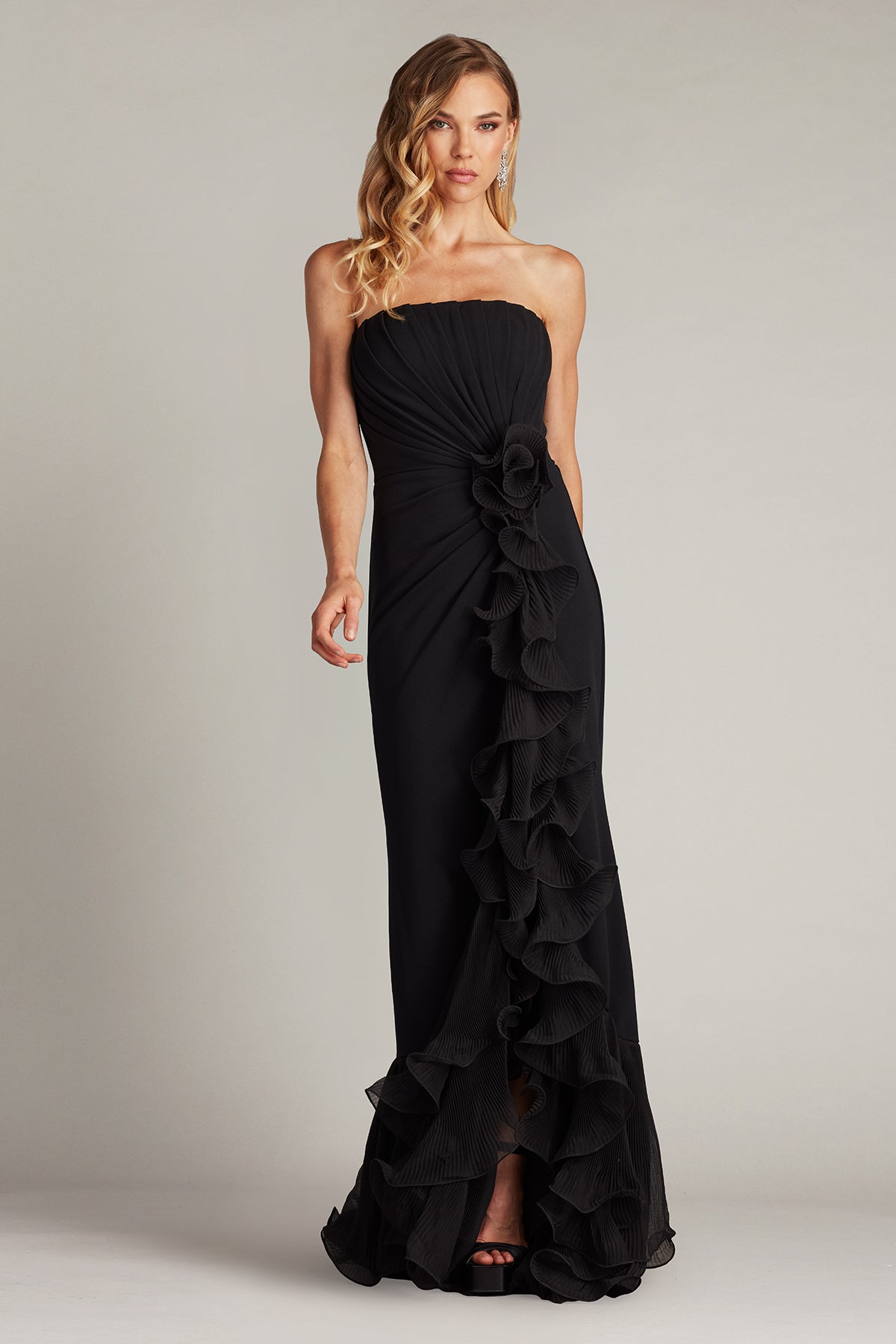 Elegant Black Crepe Strapless Ruched Bodice Tiered Ruffle Mermaid Train Maxi Dress Prom Dress