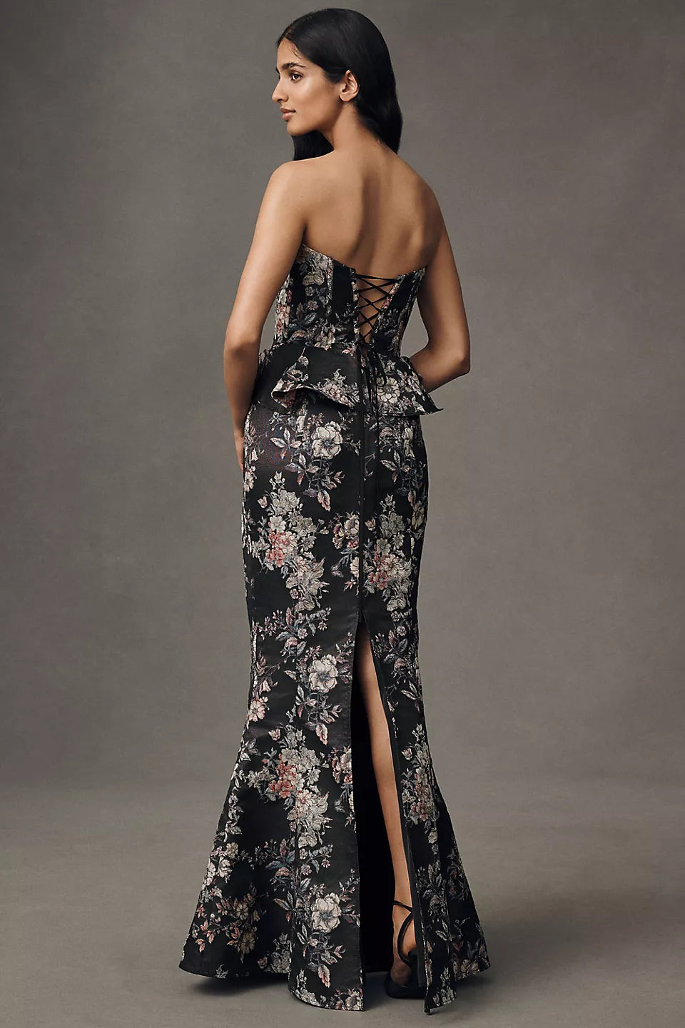 Elegant Black Floral Jacquard Strapless Sweetheart Peplum Lace-Up Back Mermaid Maxi Dress Prom Dress