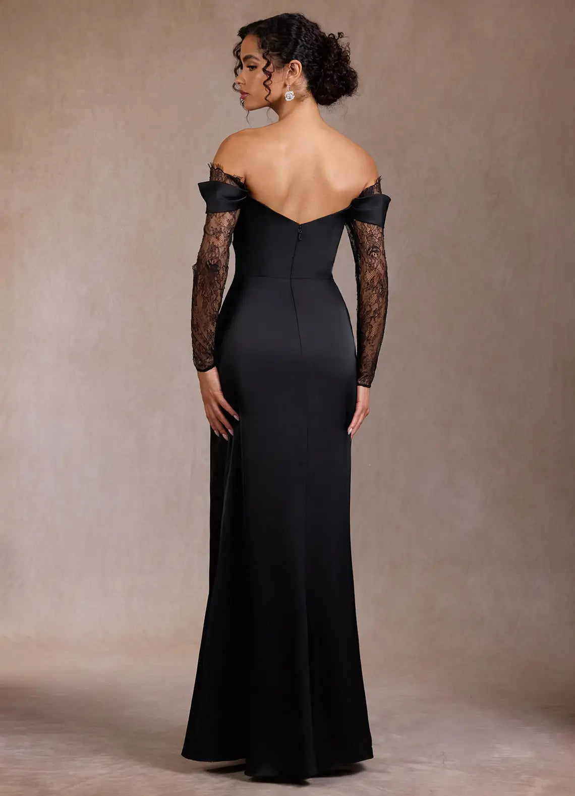 Elegant Black Satin Off-the-Shoulder Lace Sleeve Cowl Neck Mermaid Maxi Dress Prom Dress