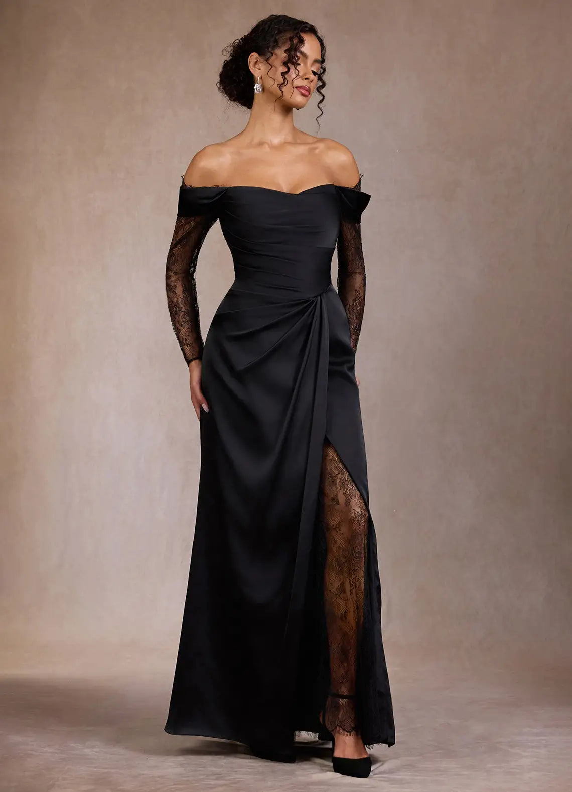 Elegant Black Satin Off-the-Shoulder Lace Sleeve Cowl Neck Mermaid Maxi Dress Prom Dress