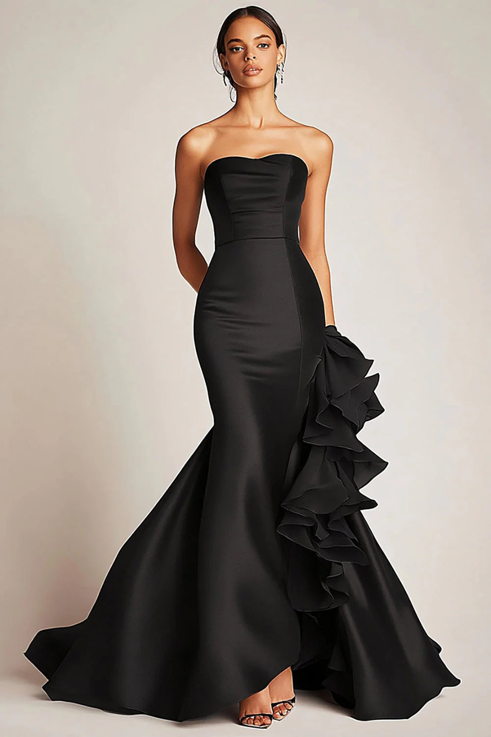 Elegant Black Satin Strapless Sleeveless Asymmetric Ruffle Mermaid Train Prom Dress