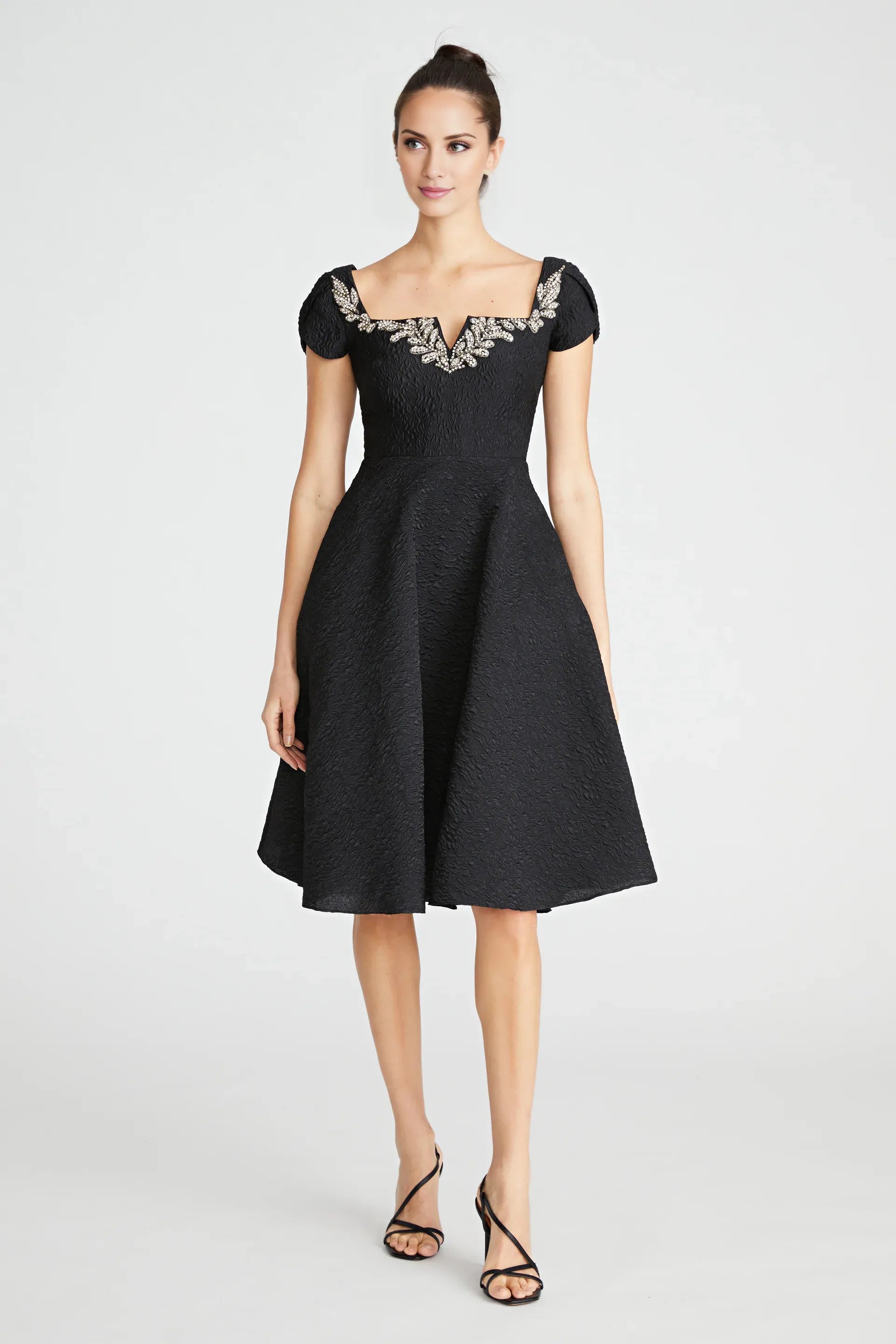 Elegant Black Textured Fabric Square Neck Crystal Embellished Short Puff Sleeve A-Line Midi Prom Dress