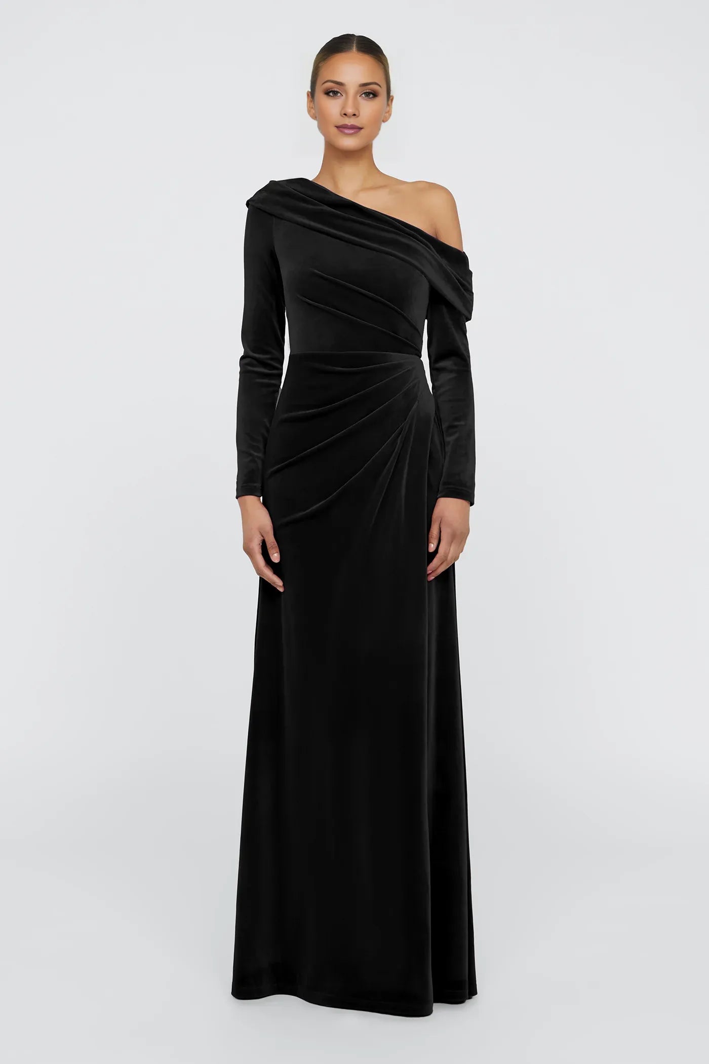 Elegant Black Velvet One-Shoulder Off-The-Shoulder Long Sleeve Ruched Fitted Floor-Length Maxi Dress Prom Dress