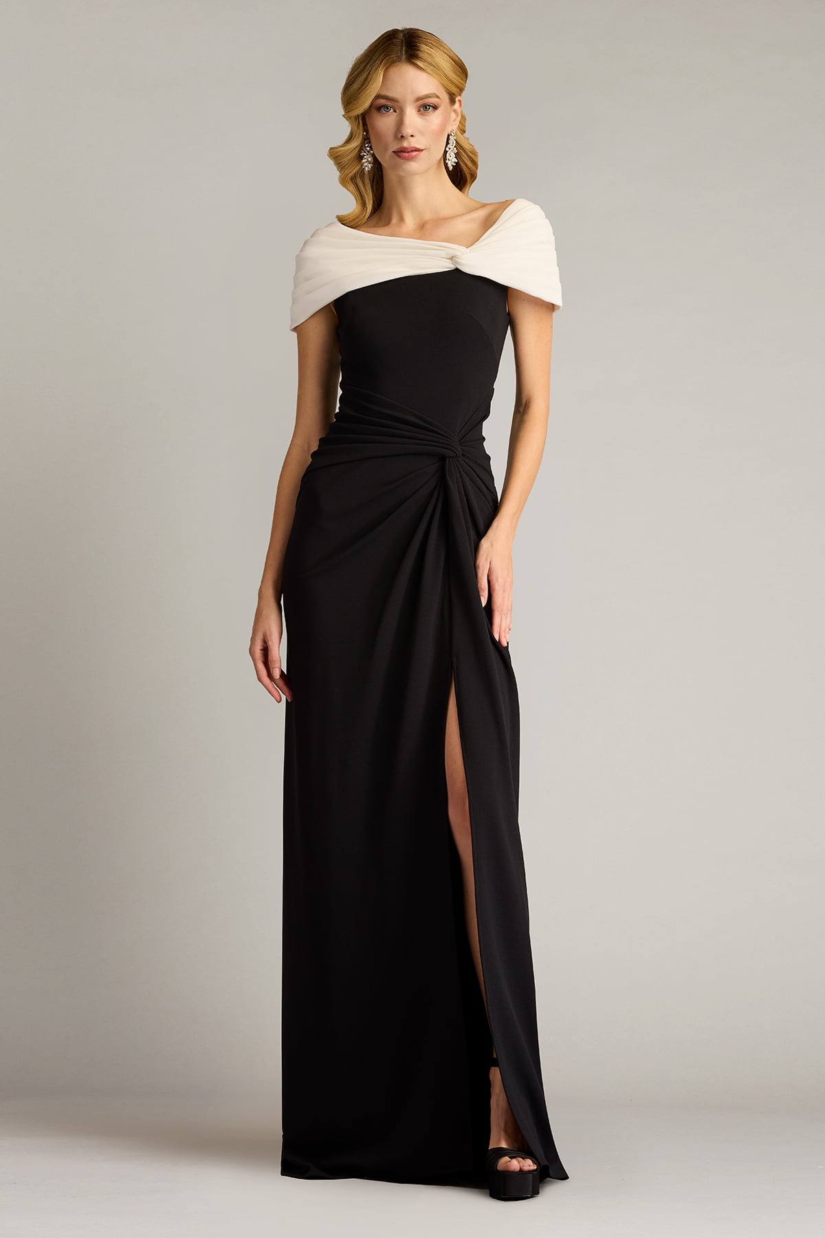 Elegant Black & Ivory Crepe Off-the-Shoulder Twist Front High Slit Mermaid Train Maxi Dress Prom Dress