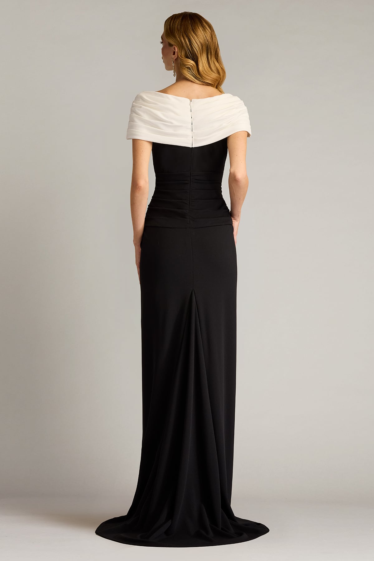 Elegant Black & Ivory Crepe Off-the-Shoulder Twist Front High Slit Mermaid Train Maxi Dress Prom Dress
