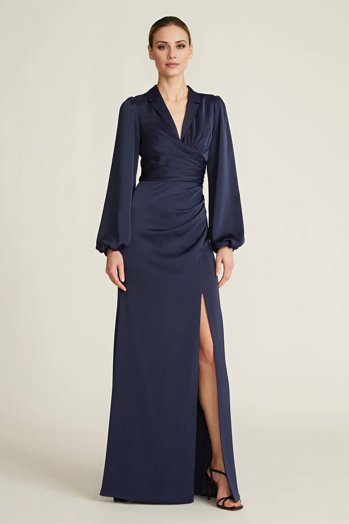 Elegant Blazer Collar Puff Sleeve Wrap Bodice High-Slit Satin Maxi Dress Prom Dress