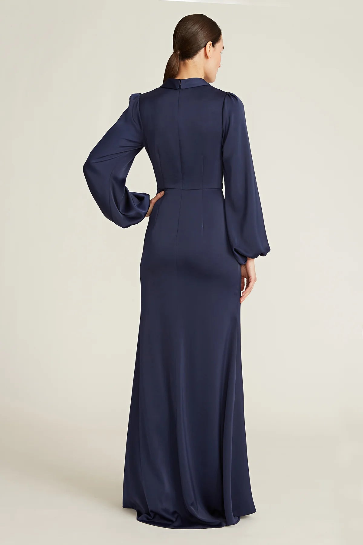 Elegant Blazer Collar Puff Sleeve Wrap Bodice High-Slit Satin Maxi Dress Prom Dress