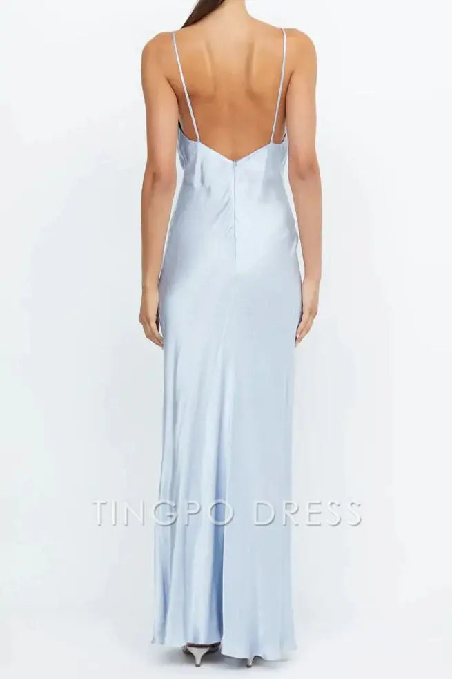 TingPo Wholesale Elegant Blue Deep V-Neck Satin Sleeveless Sheath Long Formal Evening Dress