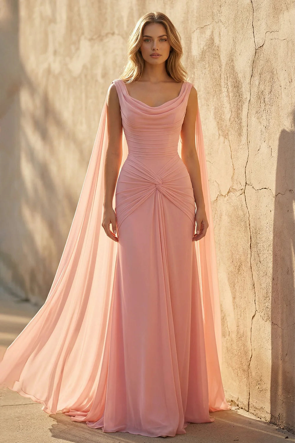 Elegant Blush Pink Chiffon Cowl Neck Cape Sleeve Ruched Bodice Low Back Mermaid Train Prom Dress