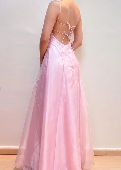 Elegant Blush Pink Organza Spaghetti Strap Square Neck Floral Applique Lace-Up Back A-Line Maxi Dress Prom Dress