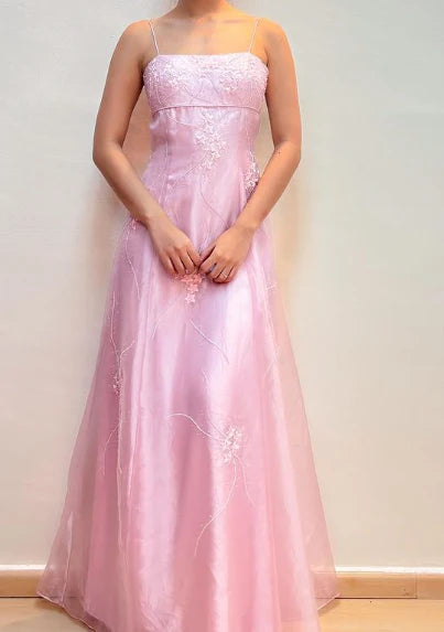 Elegant Blush Pink Organza Spaghetti Strap Square Neck Floral Applique Lace-Up Back A-Line Maxi Dress Prom Dress