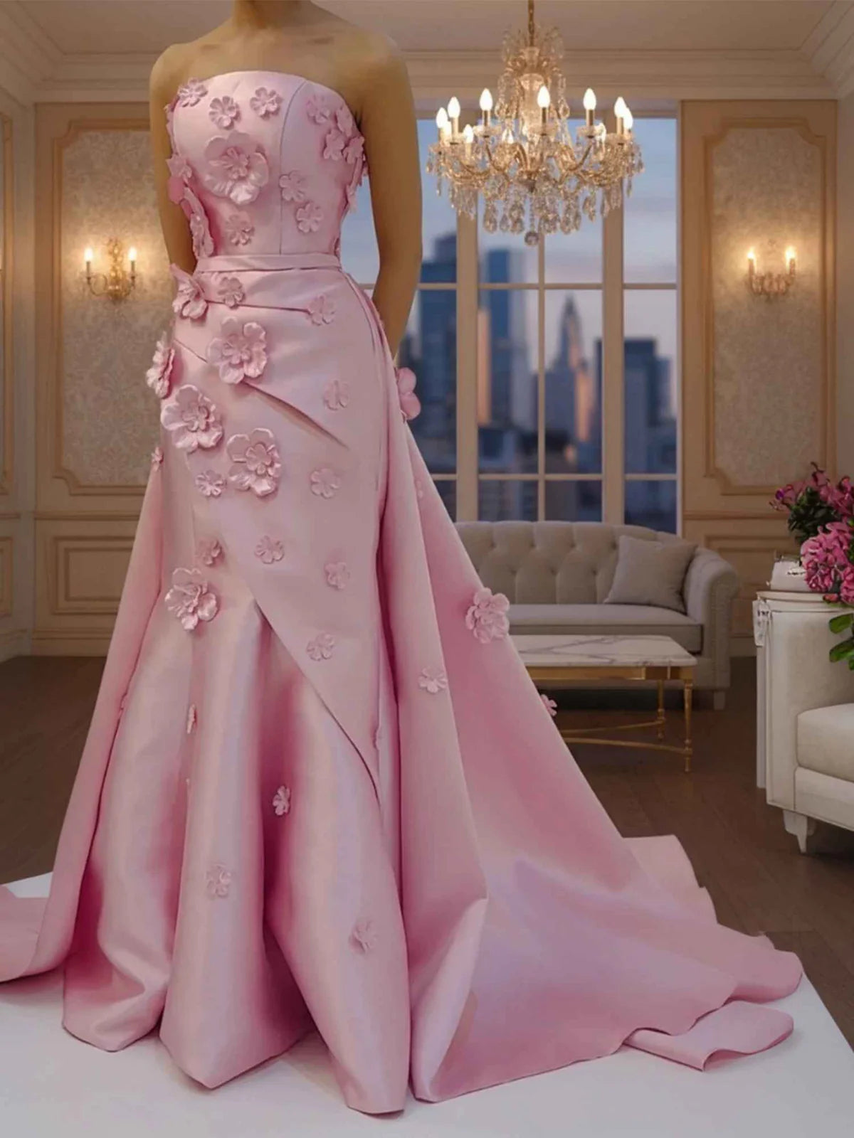 Elegant Blush Pink Satin Strapless 3D Floral Applique Mermaid Train Gown Prom Dress