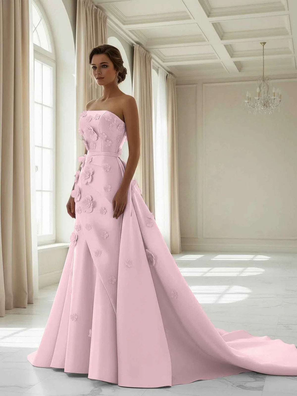 Elegant Blush Pink Satin Strapless 3D Floral Applique Mermaid Train Gown Prom Dress