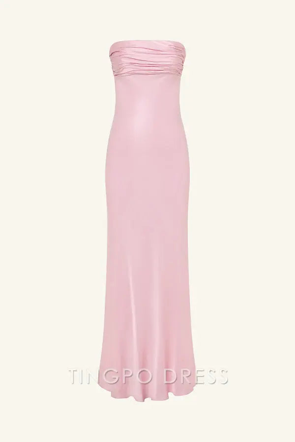 Elegant Blush Pink Satin Strapless Ruched Bustier Mermaid Maxi Dress Prom Dress