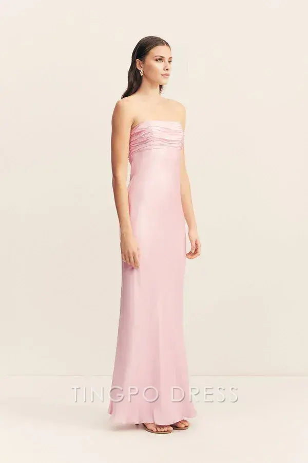 Elegant Blush Pink Satin Strapless Ruched Bustier Mermaid Maxi Dress Prom Dress