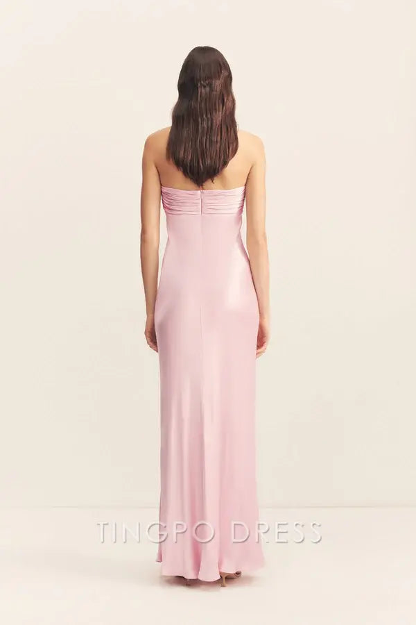 Elegant Blush Pink Satin Strapless Ruched Bustier Mermaid Maxi Dress Prom Dress