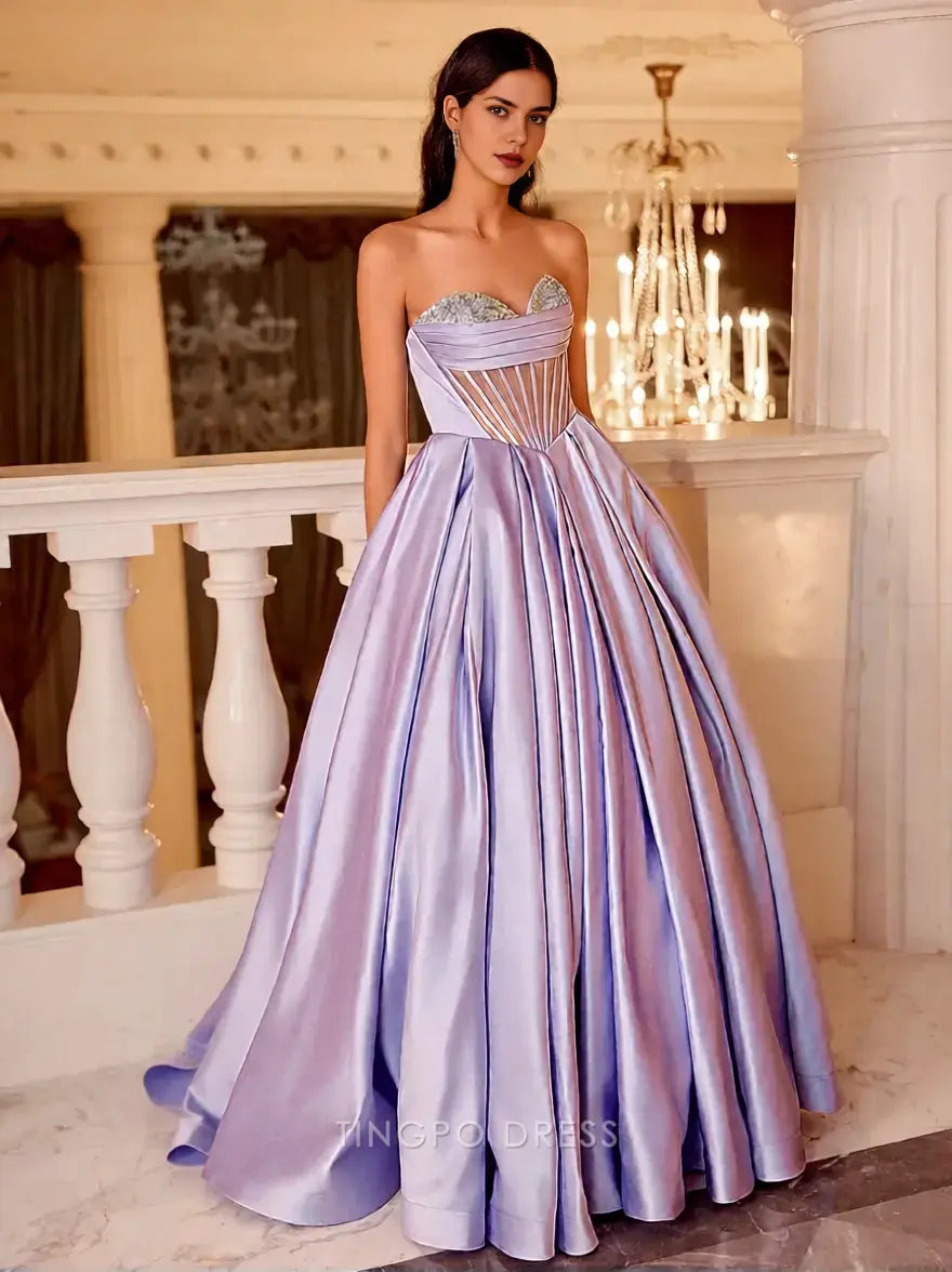 Elegant Breathtaking Ball-Gown Sweetheart Rhinestone Sweep Train Satin Corset Prom Dress