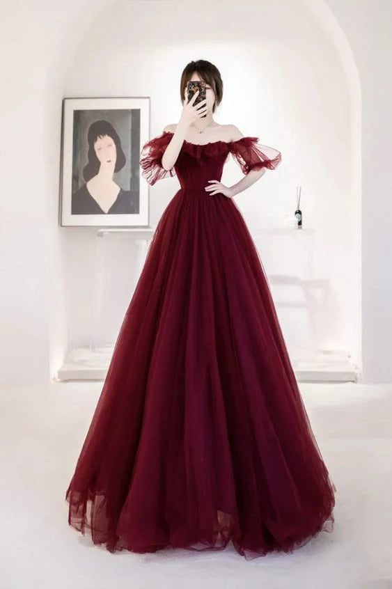 TingPo Wholesale Elegant Burgundy Tulle Long Prom Dresses Wine Red Tulle Formal Evening Dress