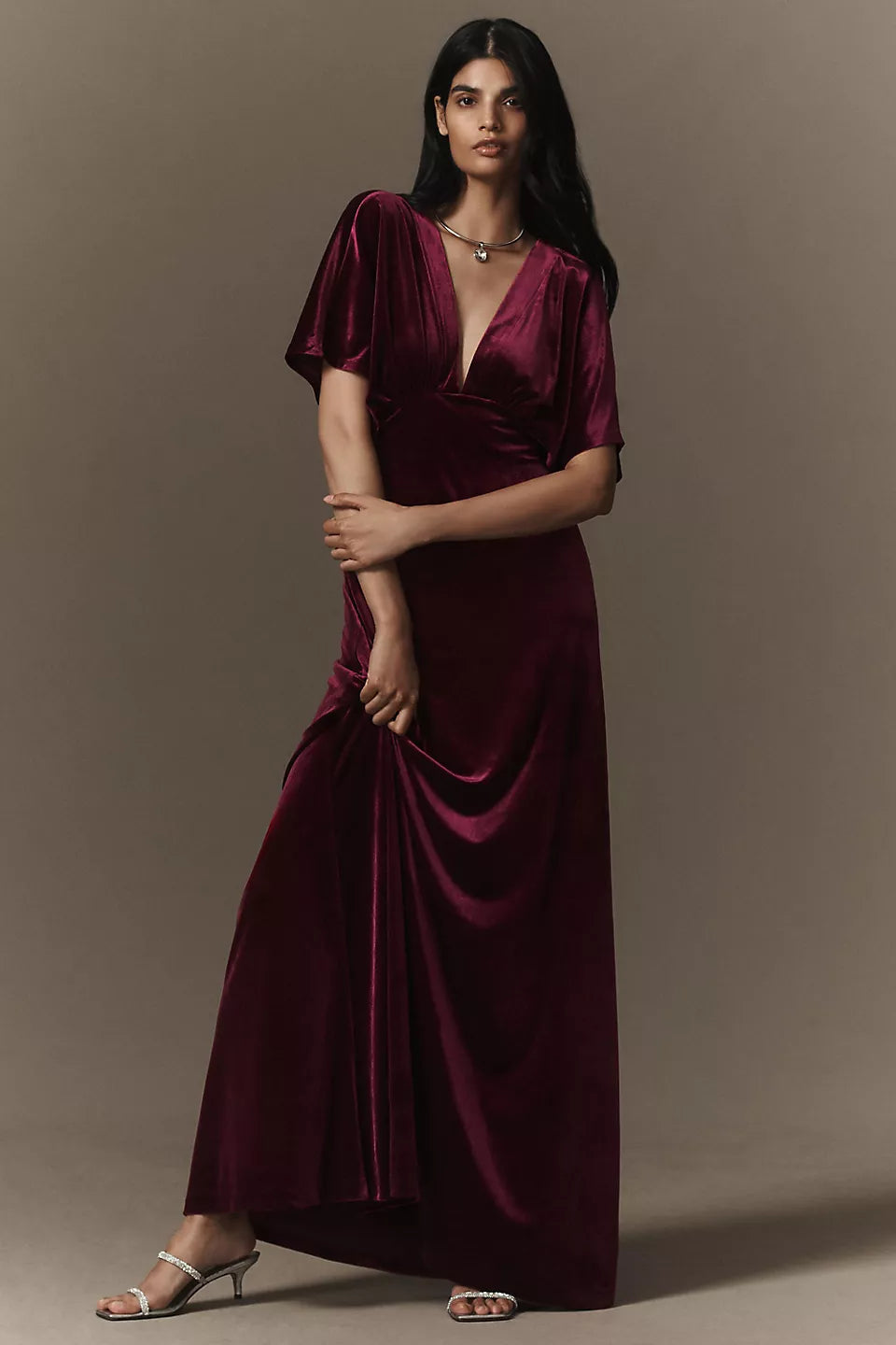 Elegant Burgundy Velvet V-Neck Flutter Sleeve A-Line Floor-Length Maxi Dress Prom Dress