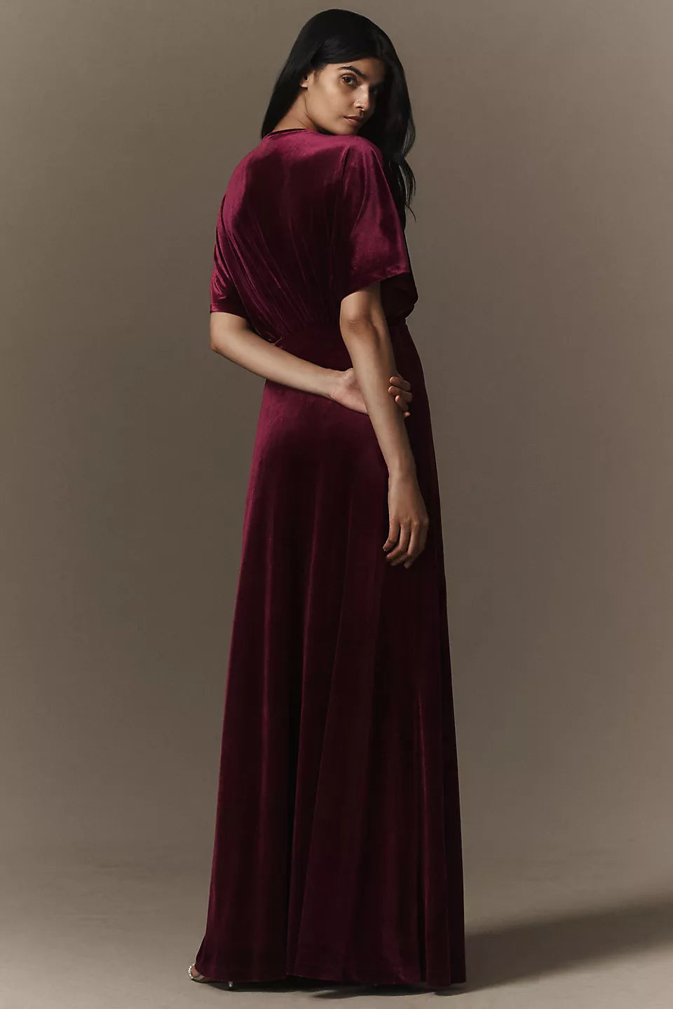 Elegant Burgundy Velvet V-Neck Flutter Sleeve A-Line Floor-Length Maxi Dress Prom Dress