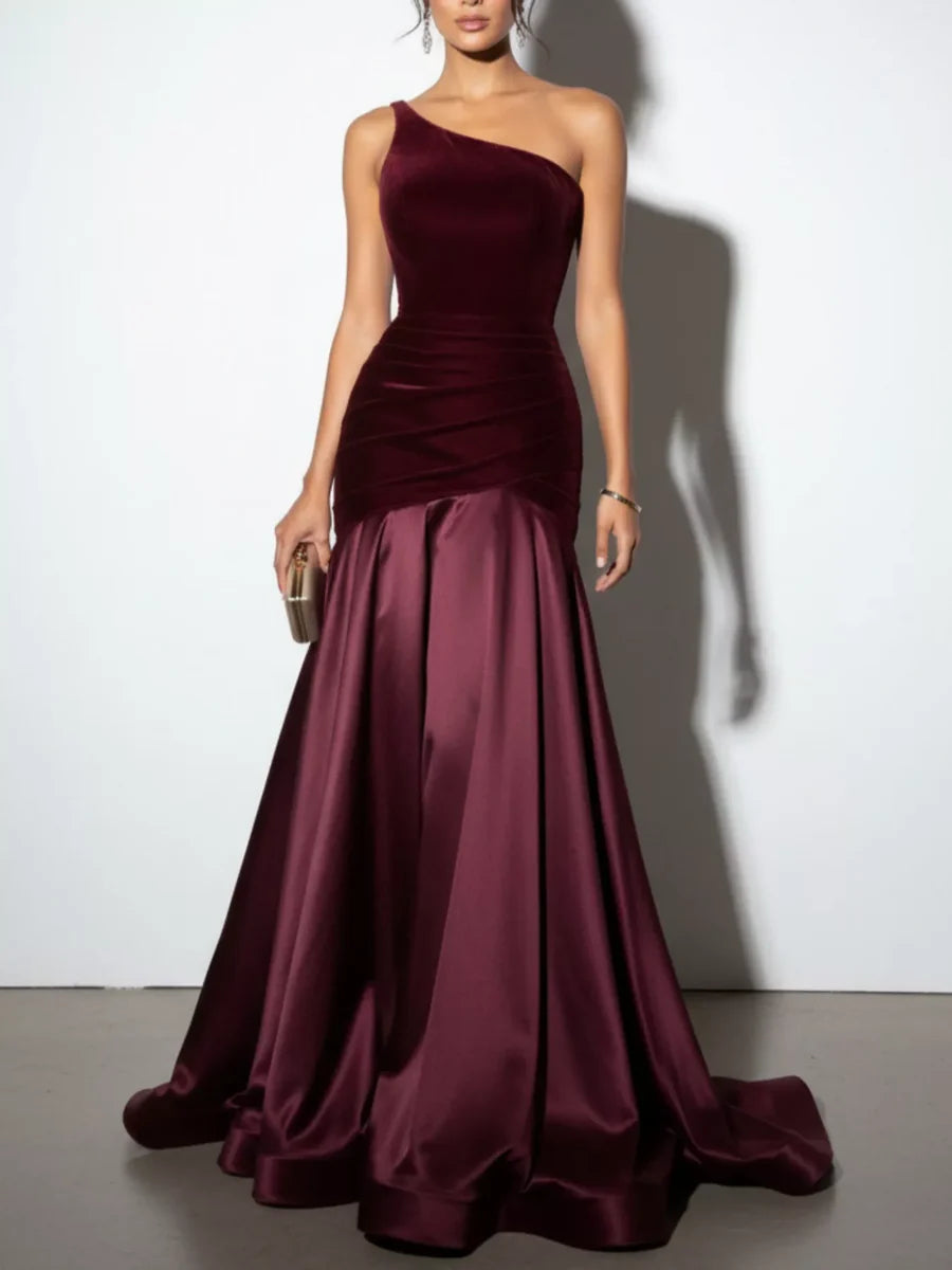 Elegant Burgundy Velvet & Satin One-Shoulder Ruched Bodice Mermaid Train Gown Prom Dress
