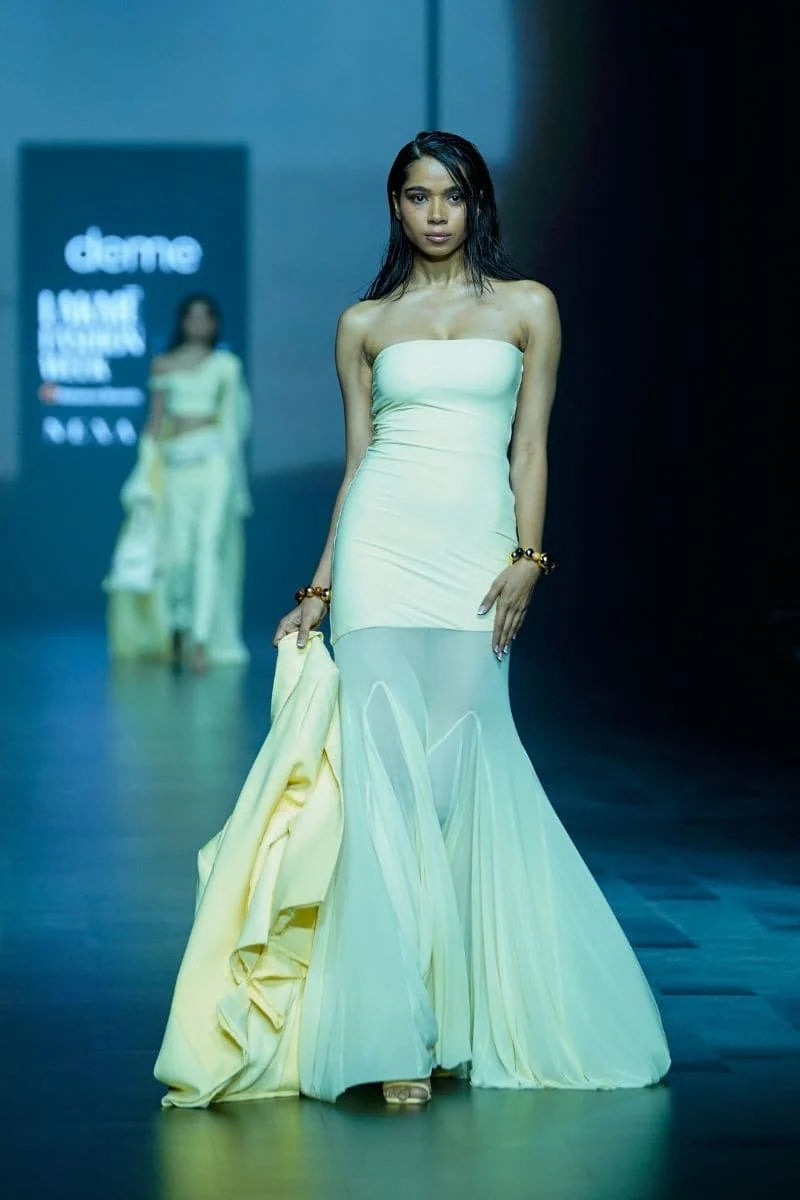 Elegant Butter Yellow Chiffon Strapless Asymmetric Mermaid Train Maxi Dress Prom Dress