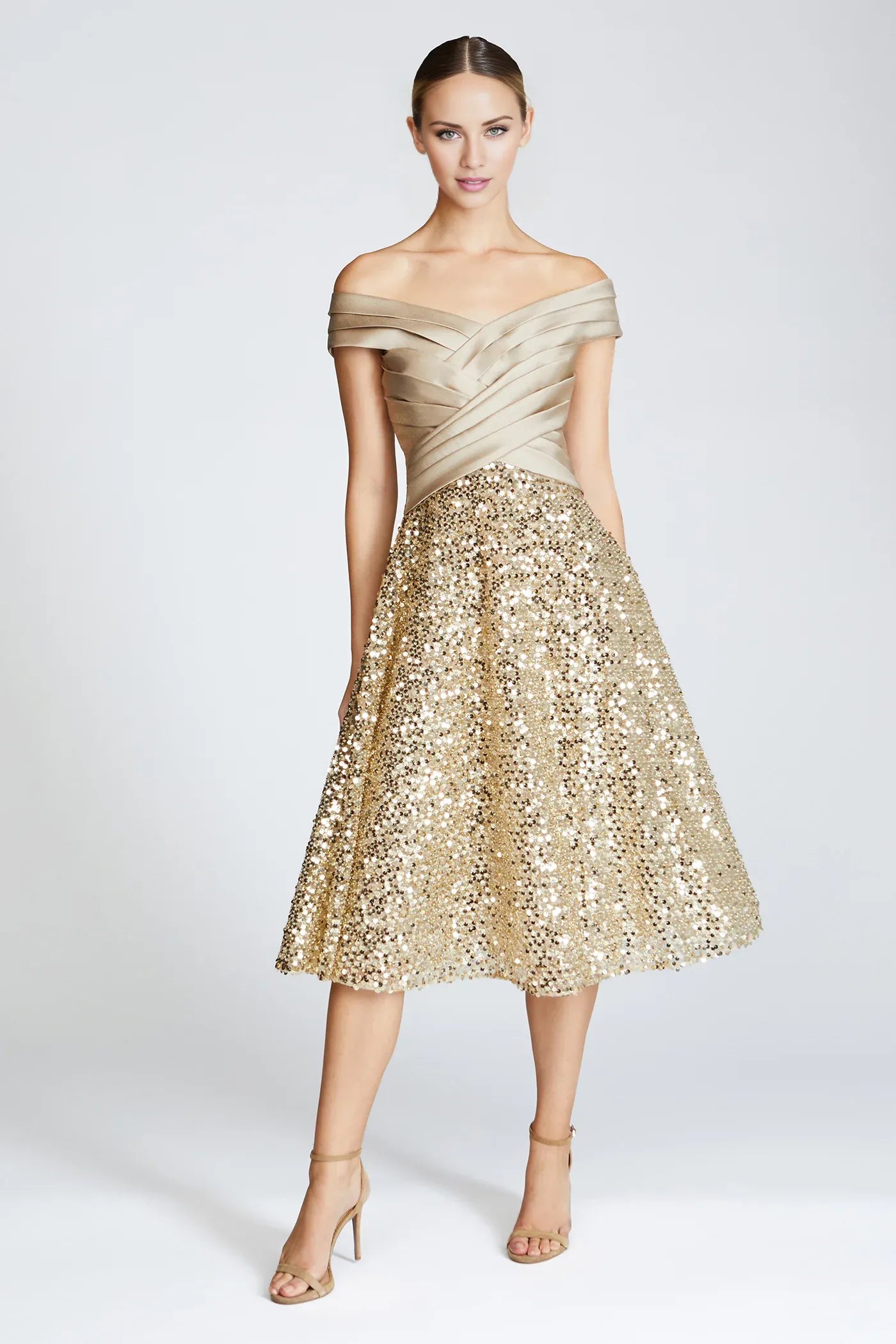 Elegant Champagne Gold Off-the-Shoulder Satin Top All-Sequin A-Line Midi Prom Dress