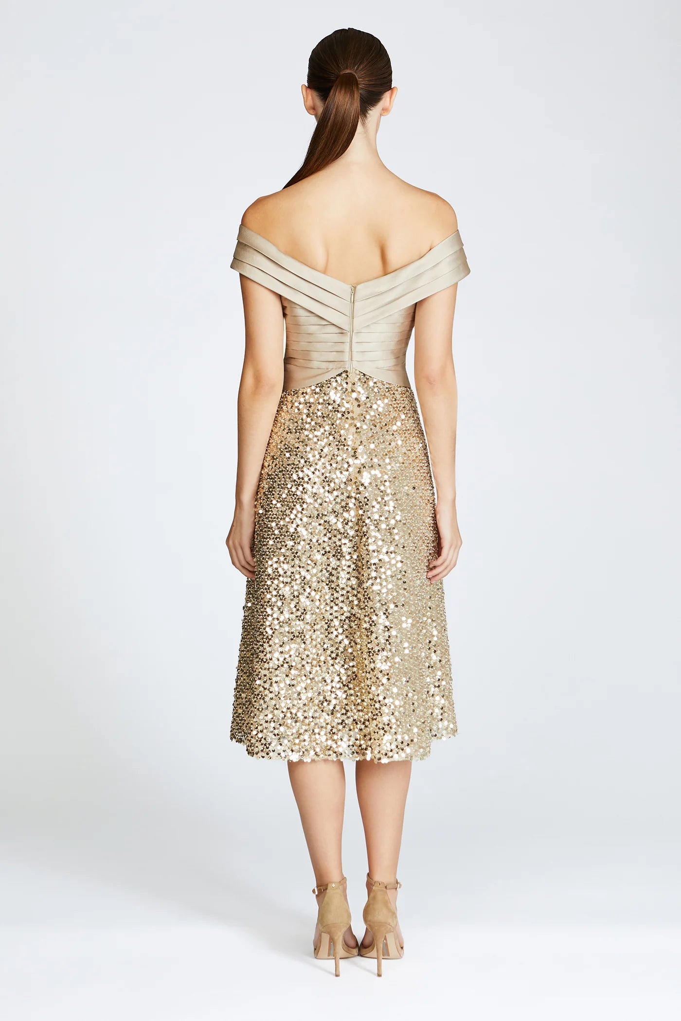 Elegant Champagne Gold Off-the-Shoulder Satin Top All-Sequin A-Line Midi Prom Dress