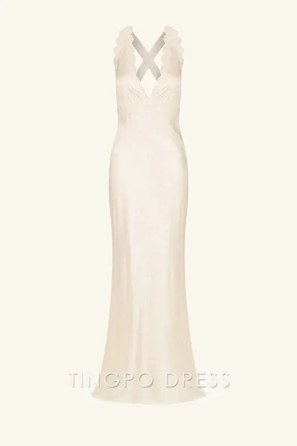 Elegant Champagne Satin Deep V-Neck Lace Trim Cross Back Mermaid Wedding Slip Dress Prom Dress