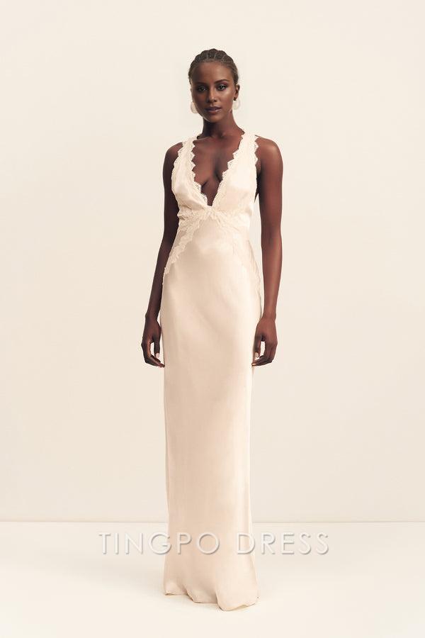 Elegant Champagne Satin Deep V-Neck Lace Trim Cross Back Mermaid Wedding Slip Dress Prom Dress